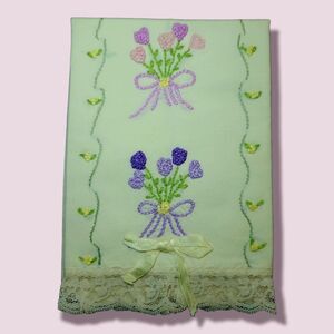 Vintage Embroidered Kitchen Hand Towel Pink Purple Flower Bouquet Laced Boarder
